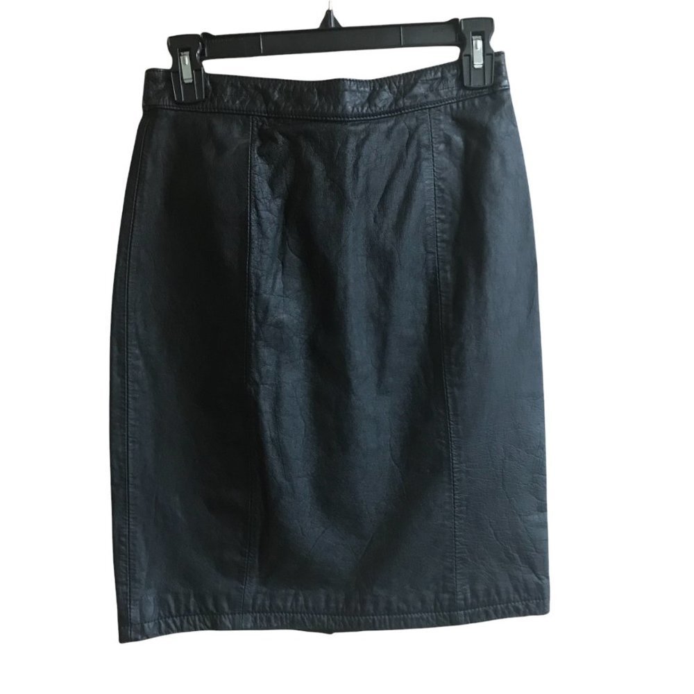 Vintage Global Identity Leather Pencil Skirt Lined Women Sz 7/8 Back 4 Snap Slit